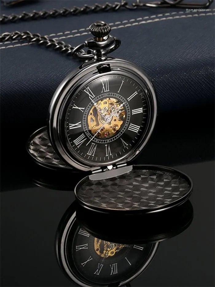 Taschenuhren Ankunft Poliert Schwarz Doppelt Geöffnet Steampunk Mechanische Uhr Top Qualität Roman Analog Flip