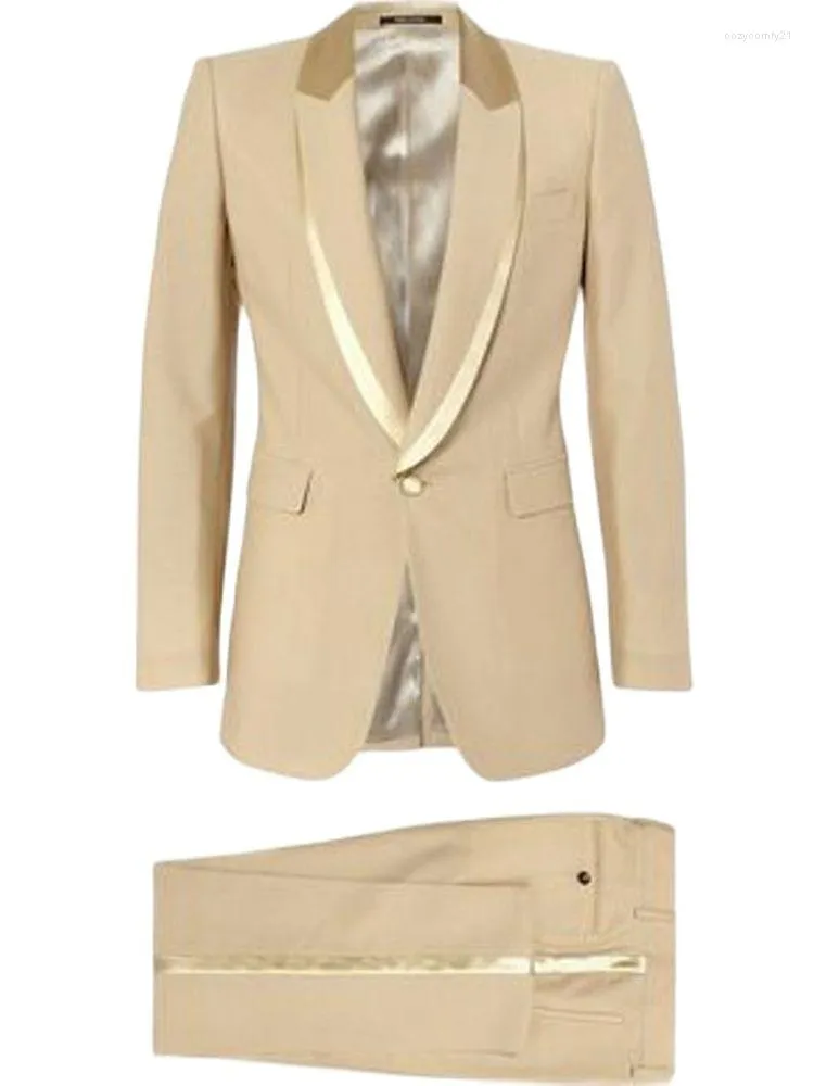 Herrenanzüge, Champagner, Mantel, Hose, Herrenanzug, 2-teilig, Schal-Revers, Blazer, Business, hochwertiges Herren-Hochzeitskostüm (Jacke, Hose, Krawatte)