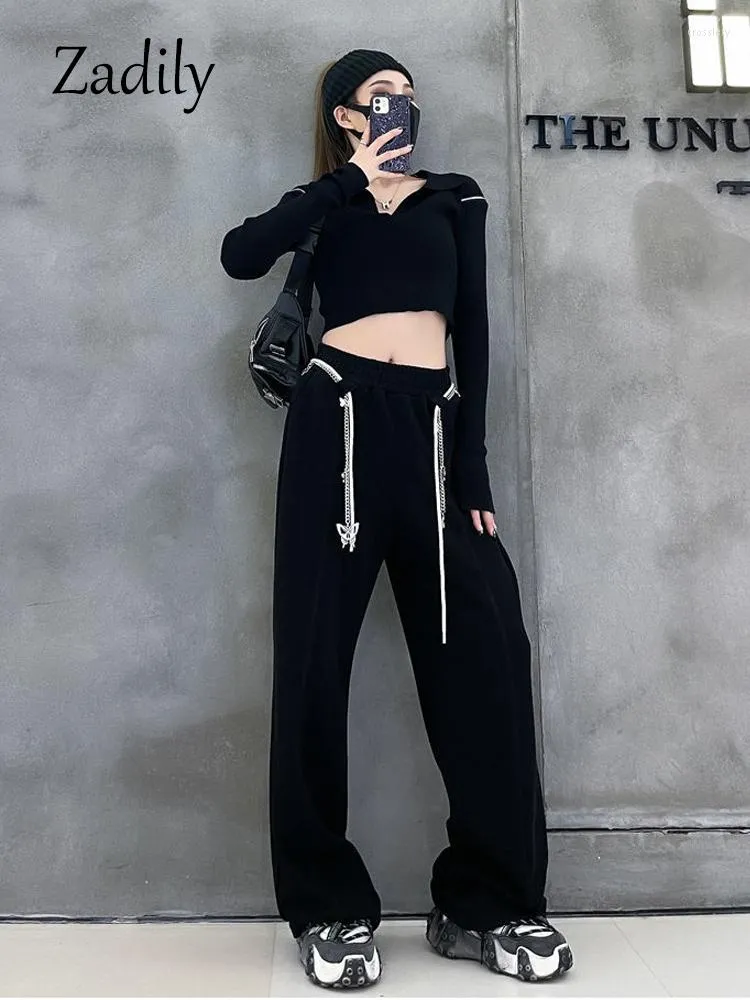 Pantalon femme Zadily 2023 automne jambe large pansement femmes pleine chaîne Streetwear ample haute Wasit dames femme pantalon noir