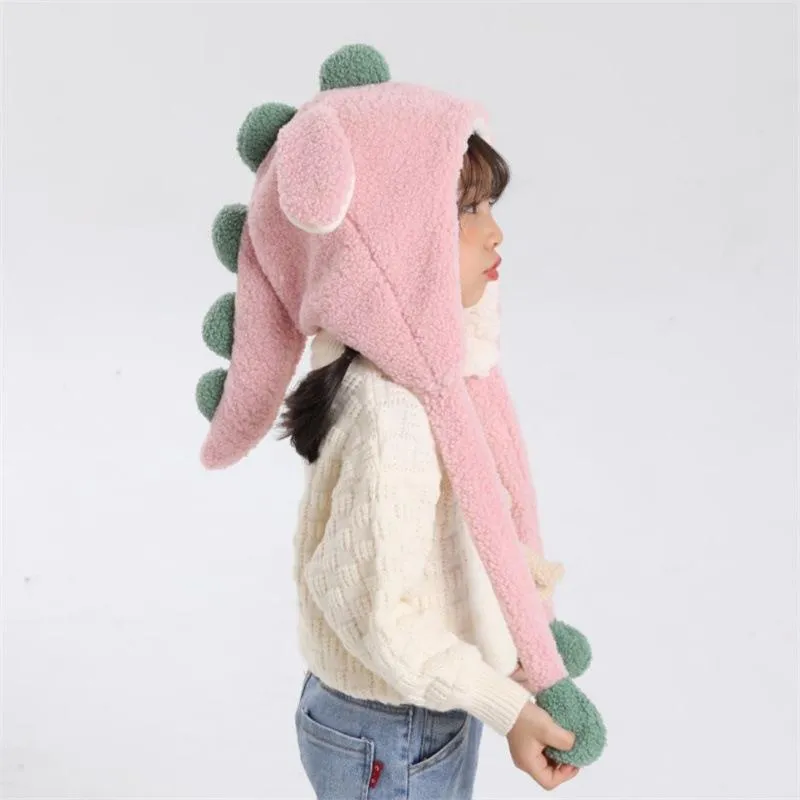 Beanies Beanie/Skull Caps Little Dinosaur Hat with Rars Moving Parent-Child2 in1 Scarf hearflap Lamb Velvet Fur暖かさ女性冬