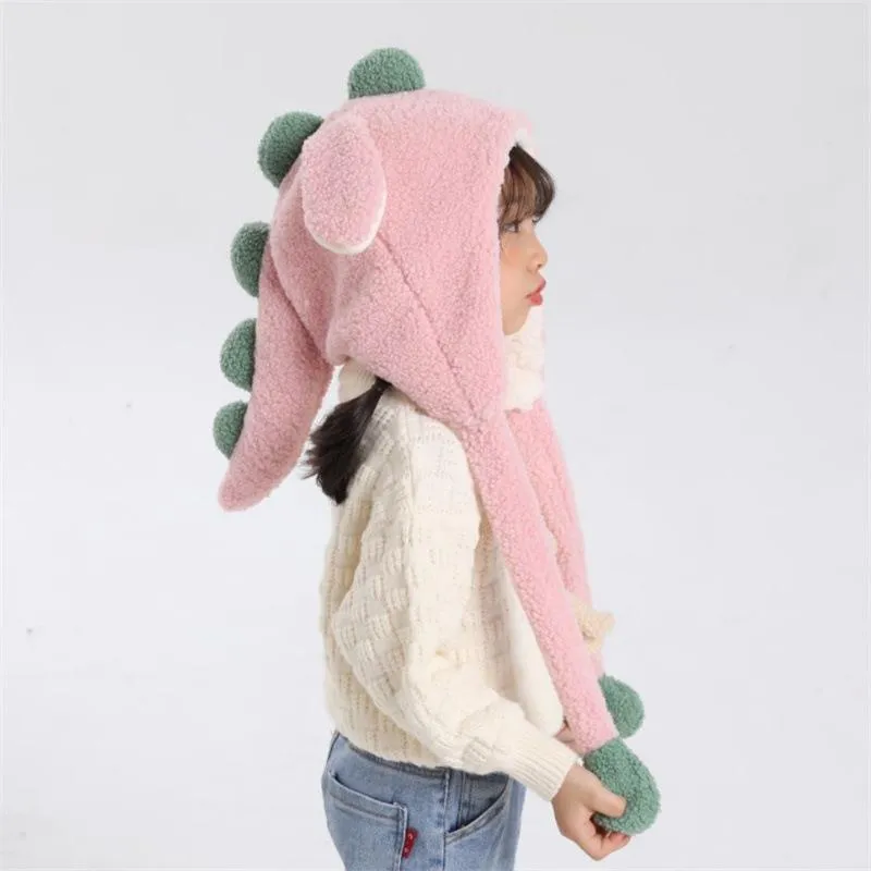 Berretti Berretti/berretti con teschio Cappello da piccolo dinosauro con Rars in movimento Genitore-bambino 2 in1 Sciarpa Paraorecchie Agnello Velluto Pelliccia Calore Donna Inverno