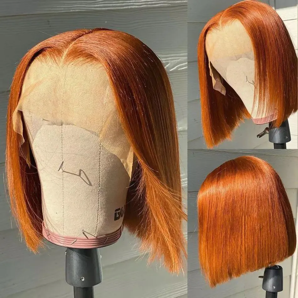 Perruque Bob Lace Front Wig synthétique lisse et gingembre Orange, cheveux naturels transparents, à reflets courts, pour femmes