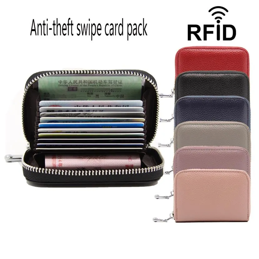 Top layer cow-leather organ bag RFID anti-theft female card clip man card bag multi-function zipper pocket293f