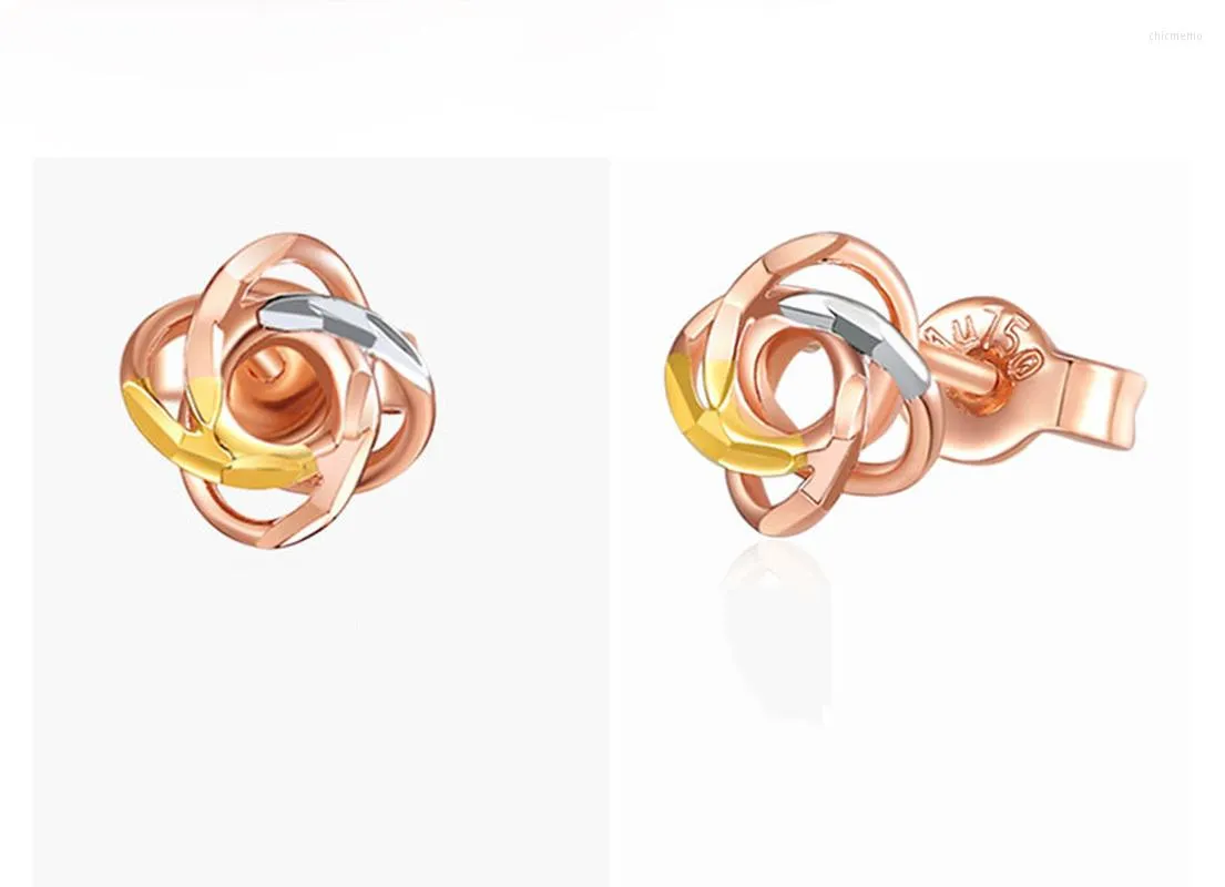 Stud Earrings Elegant Tri-Tone Flower 18K Genuine Real Solid Gold AU750 Piercing For Women Female Girl Upscale Office Jewelry