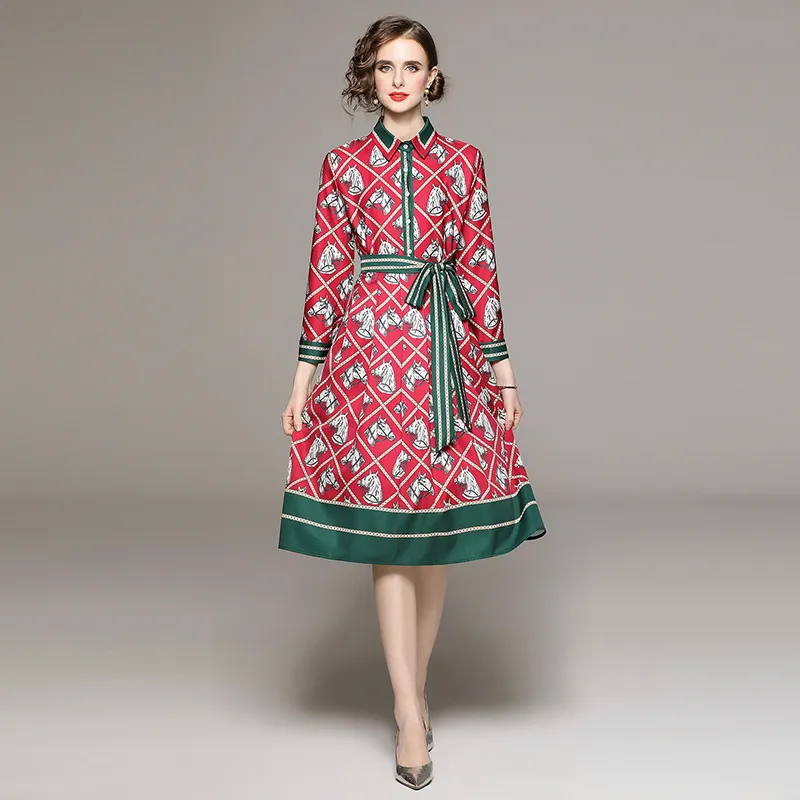 2023 Dames Floral Designer Robes Femmes Mode Lanterne Manches Piste Chemises Robe Plus La Taille Bureau Robe Plissée Sortir Vac2612