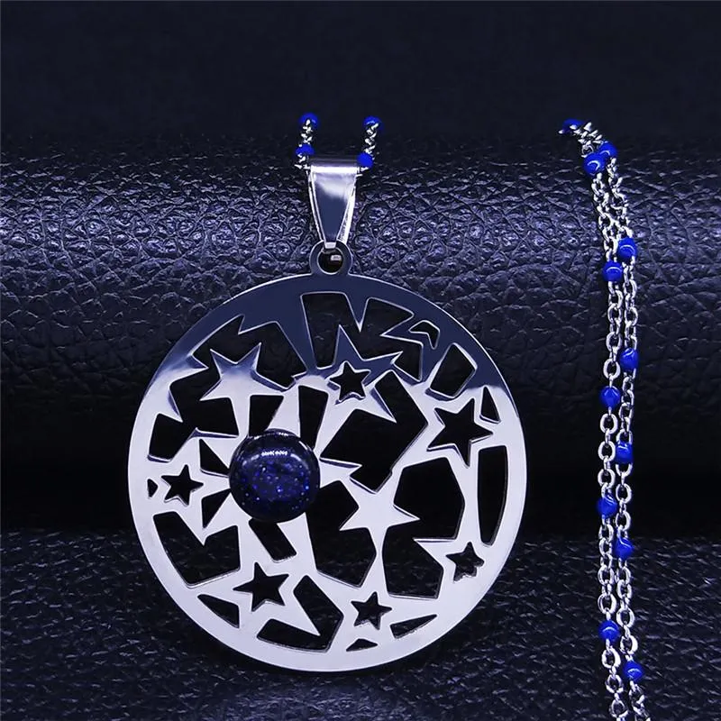 Pendentif Colliers Étoile Bleue Pierre Naturelle En Acier Inoxydable Charme Collier Wmen Couleur Argent Grand Bijoux De Mode Bijoux Femme NXS04