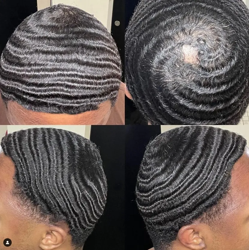 Afro Curl 360 Waves PU Toupee Hommes Perruque Full Lace Postiches Chinois Remy Cheveux Humains Remplacement Homme Vague Unités pour Hommes Noirs