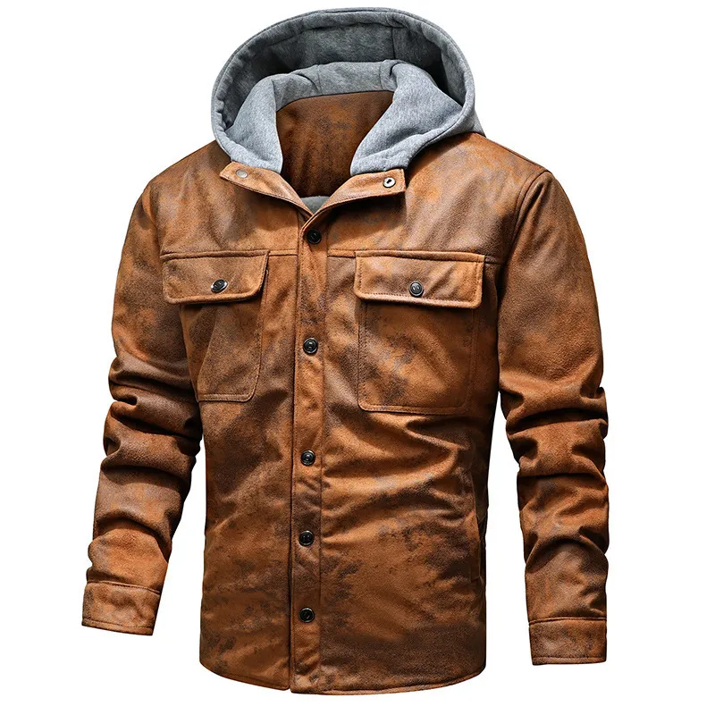 Męskie kurtki męskie moda sztuczna futra ciepły, zwykły skórzany płaszcz Plush splat z kapturem motocyklowe płaszcze Zimowe płaszcze 230213