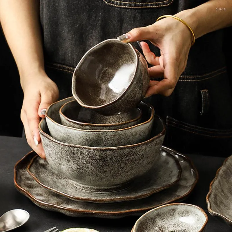 Platos de cerámica japonesa Irregular grano de piedra arroz fideos ensaladera Retro plato de cena postre carne platos de Pasta vajilla de cocina