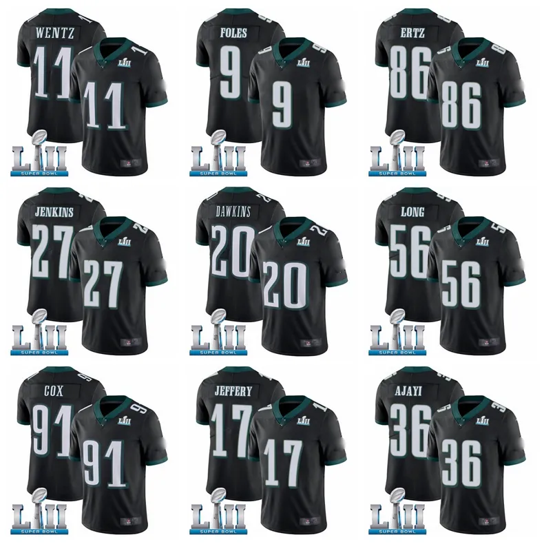 Philadelphia''eagles''men 86 Zach Ertz 9 Nick Foles 11 Carson Wentz Jay Ayi 91 Fletcher Cox 2018 Super Alshon Jeffery Bowl Camisa de futebol preta