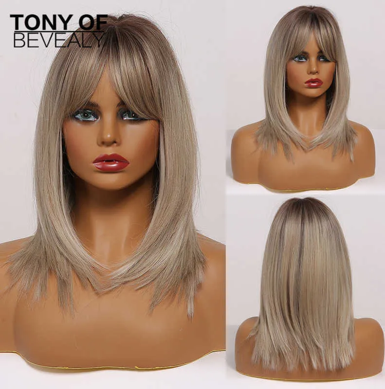 Women Hair Synthetic Medium Length Ombre Brown to Blonde Straight Wigs with Bangs for Cosplay Heat Resistant Natural 0527