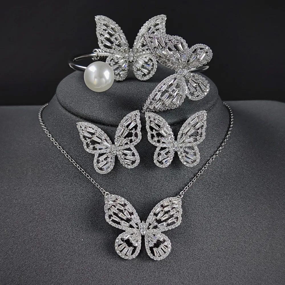 Ensembles de bijoux de mariage 4pcs / Pack Luxe Papillon couleur argent mariée Dubaï Mariage Pour Femmes Lady Anniversaire Cadeau Bijoux Vente En Vrac J7614 230211