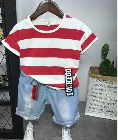 Roupas crianças crianças bebê menino manga listras shorts jeans moda casual conjunto de roupas y