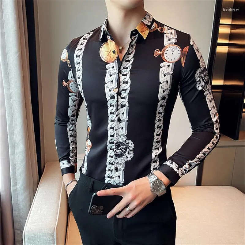 Men's Dress Shirts Printed Men Shirt 2023 Autumn Fashion Long Sleeve Slim Fit Business Social Party Nightclub Streetwear