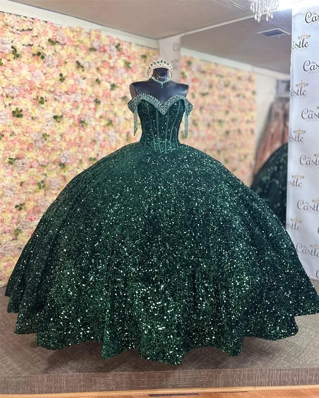 Hunter Green Prenses Quinceanera Elbiseler 2023 Boncuklu Tasseller Omuz Dantel Korsa Balo Vestidos De Quinceanera Mexicana