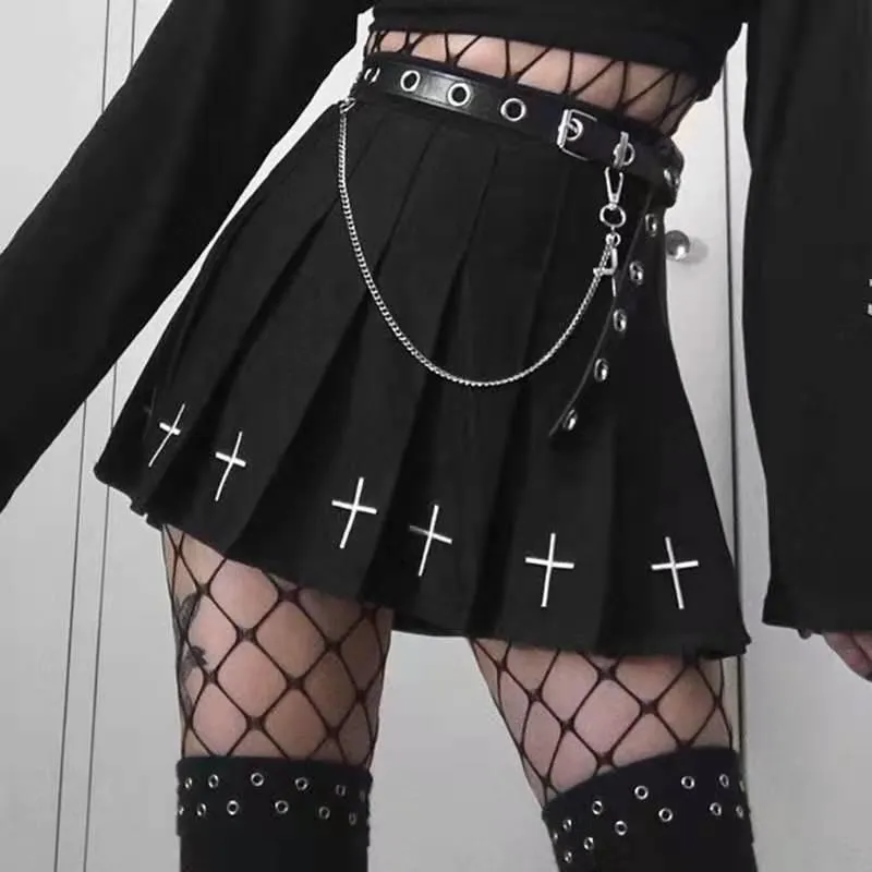 Etekler Yüksek Bel Mini Siyah Gotik Sokak Giyim Çapraz Baskı Pileli Kadınlar Günlük Kolej Lolita Harajuku Etek