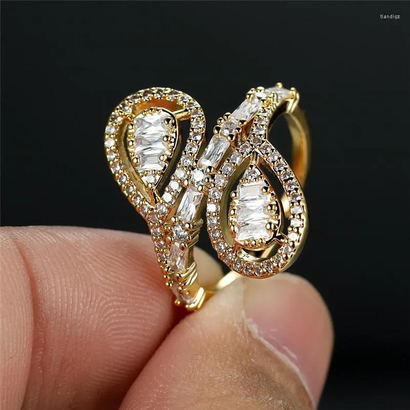 Wedding Rings Geometric Stone Luxury Crystal Ring Charm Yellow Gold Color White Zircon Opening Adjustable For Women Jewelry