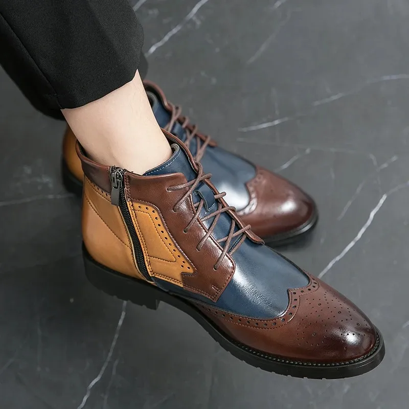 Nieuwe mode kleurrijke high-top brogue schoenen mannen puntig leer formele schoenen mannen veter laarzen voor mannen