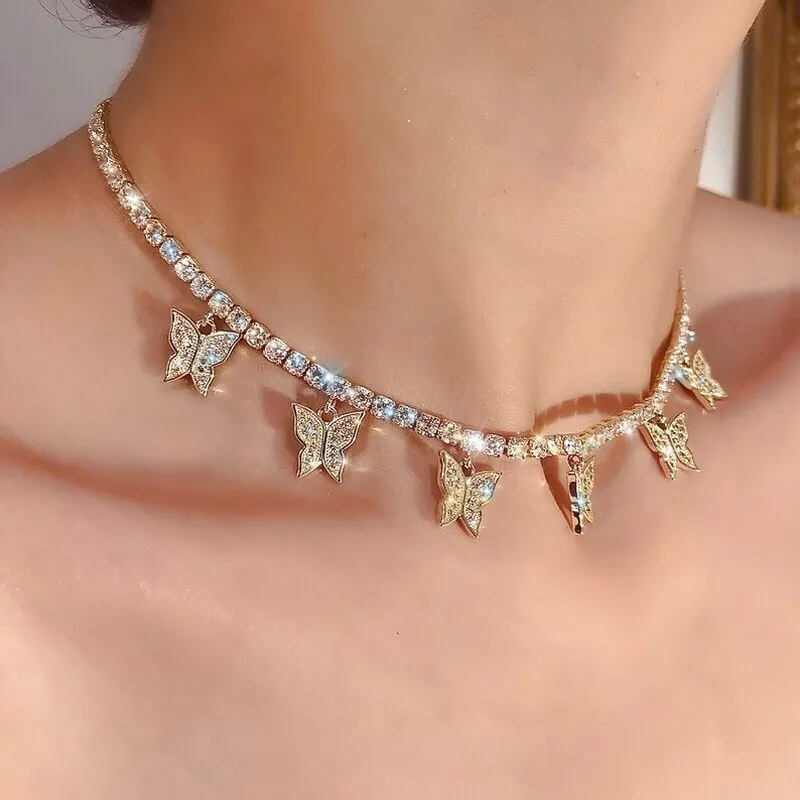 Kristall Schmetterling Anhänger Frauen Halsreifen Persönlichkeit Gold Farbe Hohl Kette Choker Halsketten für Damen Punk Kragen schmuck