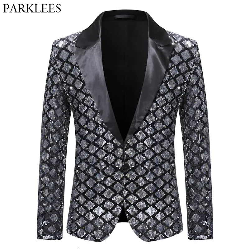 Mens Suits Blazers Silver Sequin Plaid Blazer Jacket Men Fashion Slim FIt One Button Dress Suit Blazer Male Party Wedding Stage Costume Homme 230213