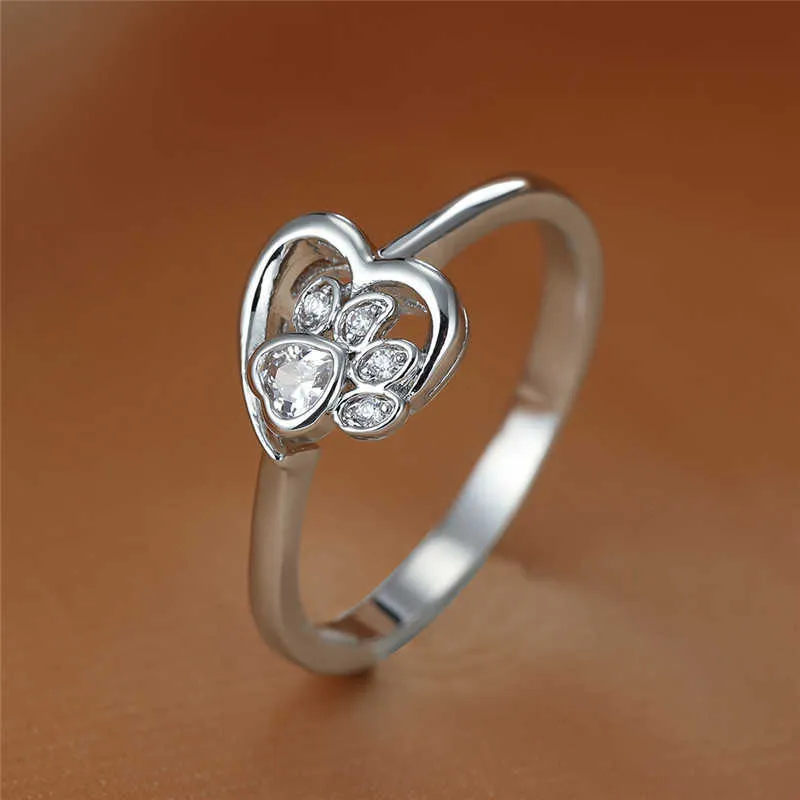 バンドリングDainty Hollow Silver Color Ring White Zircon Pink Crystal Heart Stone Ringかわいい猫の足の犬の爪のリング女性ジュエリーG230213