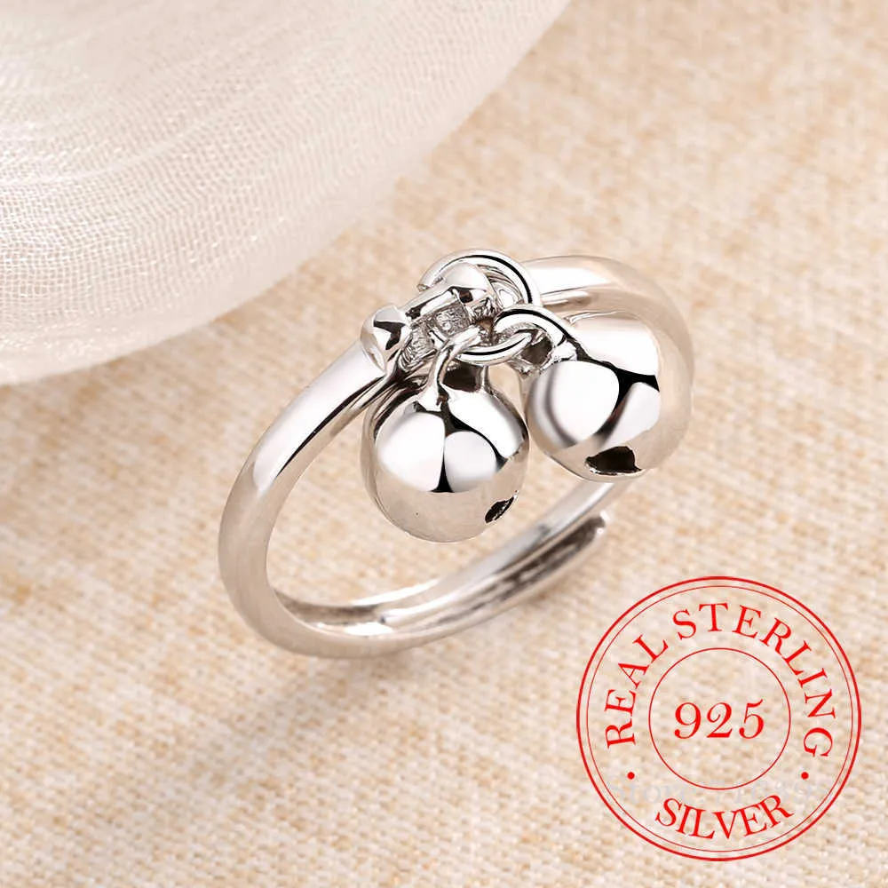 Bandringar 925 Sterling Silver Rings for Women Trendy Double Jingling Bell Fine Jewelry Beautiful Finger Open Anel For Party Birthday Present G230213