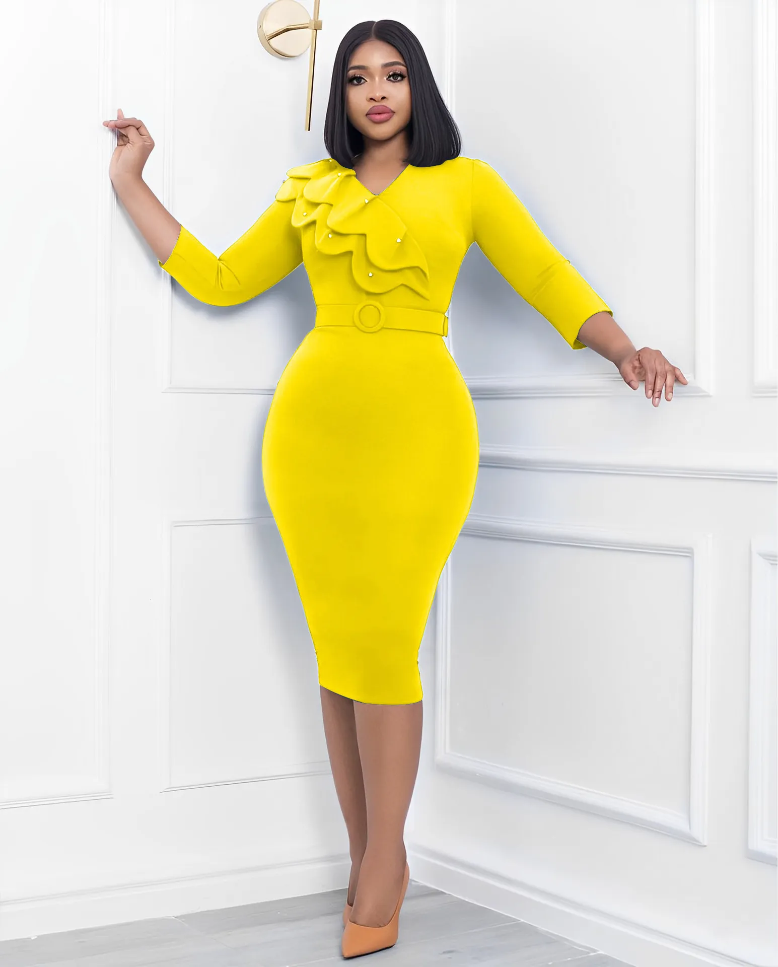 Autumn V-Neck Solid Long Sleeve Pencil Dress for Women from Dhgate
