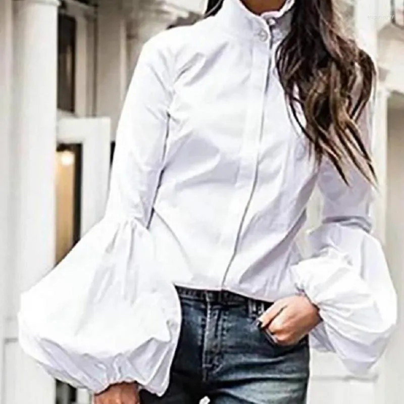 Women's Blouses Elegant Lantern Sleeve Women Shirts Stand Collar Plus Size Tops White Blouse Female Outfit Chemise Blusa Mujer S-XXL