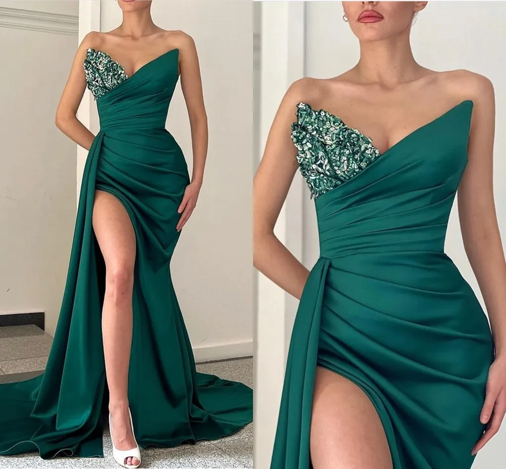 Hunter Green Mermaid Prom Dresses for Women Black Girls Sweetheart Beaded Crystals High Side Split Floor Length Formal Evening Pageant Party Gowns Custom Made