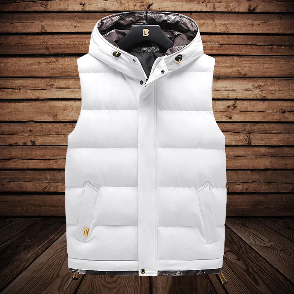 Mens Vests White Vest Jacket Autumn Winte Solid Color Hooded Waistcoat