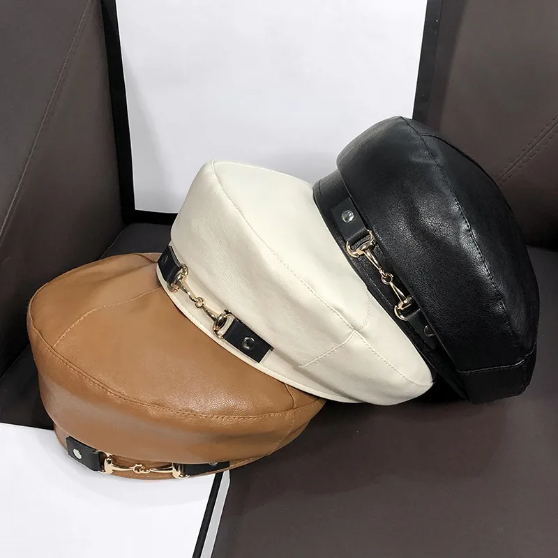 Luksusowy beret od projektanta Casquette Vintage Fashion skórzana solidna czapka z daszkiem