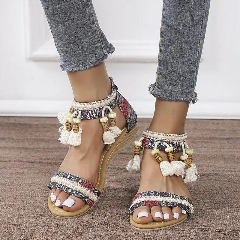 Sandals Summer Beach Bohemian Women's Shoes Wedge Back Zipper Beaded Tassel Ethnic Style Roman Female Footwear ChaussureSandals