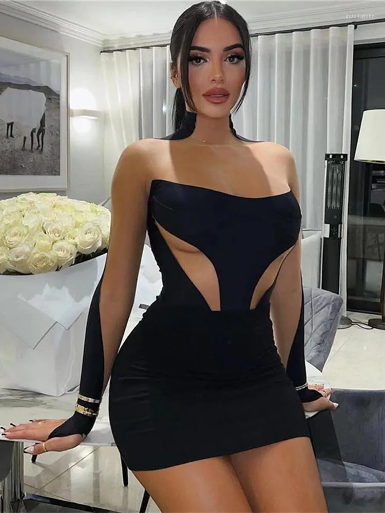 Sıradan Elbiseler Hirigin Sonbahar Moda Mesh Patchwork Kadınlar için 2023 Ey Boyun Uzun Kollu Elbise Kulüp Kıyafetleri Siyah Bodycon Mini Kadın