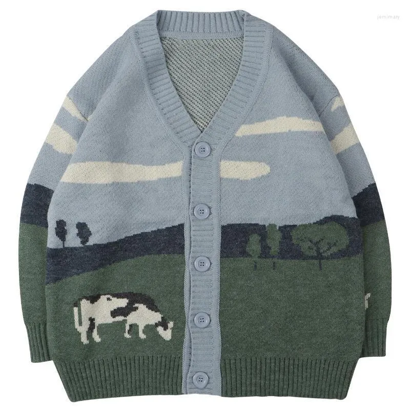 Men's Sweaters Harajuku Vintage Prairie Cow Pattern Knit Cardigan Sweater Streetwear Casual Knitted Jacket KnitwearMen's Jemi22