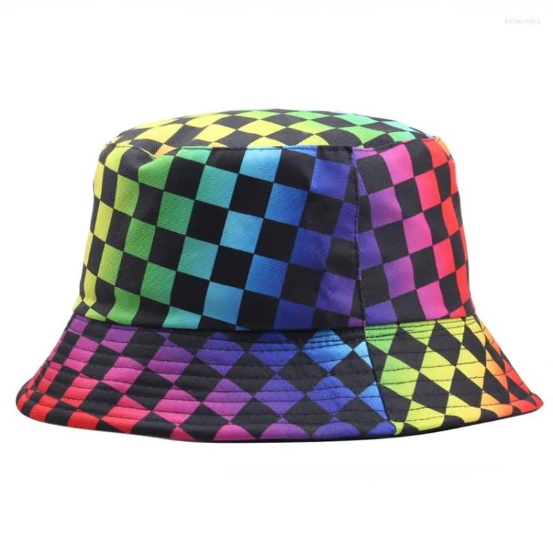 Berets Spring Summer Summer Colling Lattice Pattern Printing Fisherman Cap Outdoor Shade Cotton Polyester Bucket Hat F223