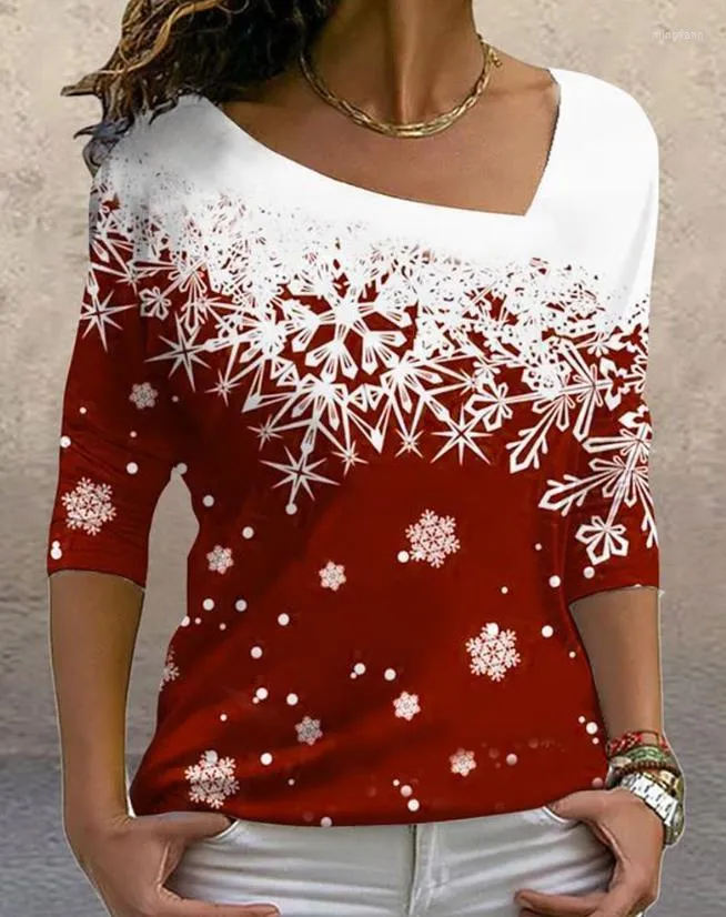 T-shirt da donna Buon Natale Moda T-shirt da donna Stampa neve Colletto asimmetrico Top Sottopelo casual Versatile