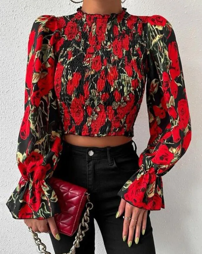 Dames PoloS Blouses Shirt 2023 Bloemprint Flounce Sleeve Shirred Crop Top T-shirts pullover tops herfst winter lente mode casual