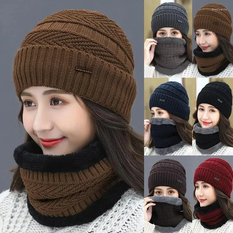 Berets Winter Women Knitting Cap Men And Outdoor Warm Thickening Velvet Loose Hat With Scarf Brand Ski Mask Set