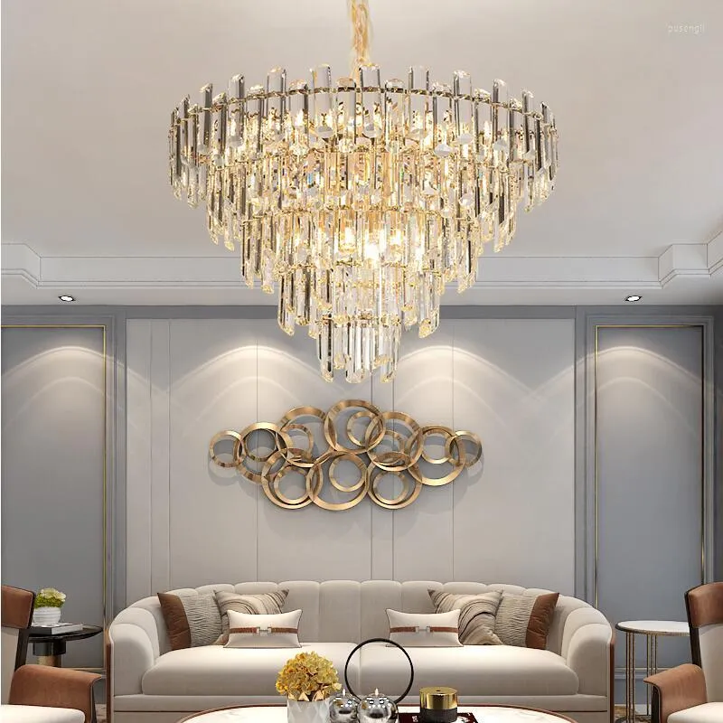 Chandeliers LED Crystal Pendant Lamp Luster Modern Living Room Lighting Luxury Pillar El Decoration