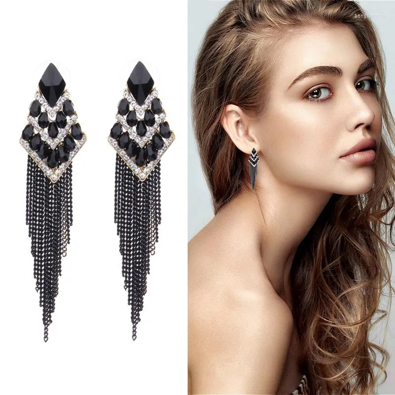 Dangle Earrings Luxury Crystal Long Tassel Earring For Women Rhombus Alloy Rhinestone Bridal Drop Dangling Girl Party Wedding Jewelry