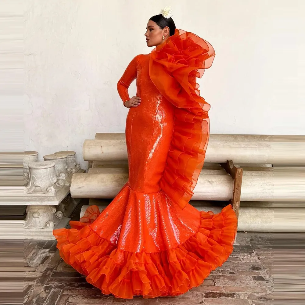 Orange Mermaid Prom Dresses Sequin Long Sleeves Ruffles Tulle Evening Gown Tiere Bottom Celebrity Dress 2023