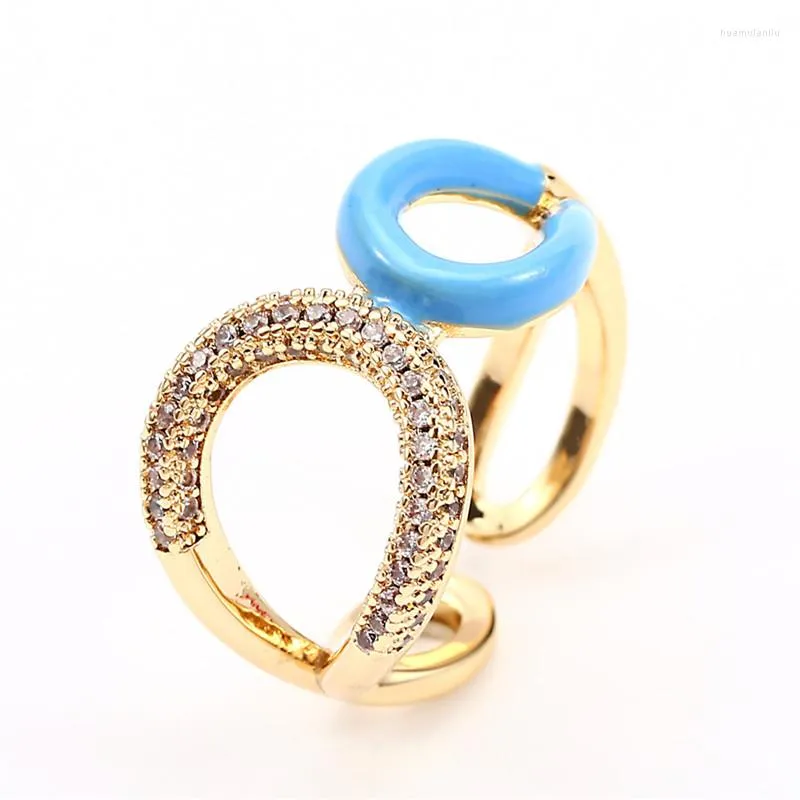 Wedding Rings Blue Pink Drop Oil Engagement Ring Charm Trendy Gold Color Vintage Hollow Geometric Crystal For Women Jewelry