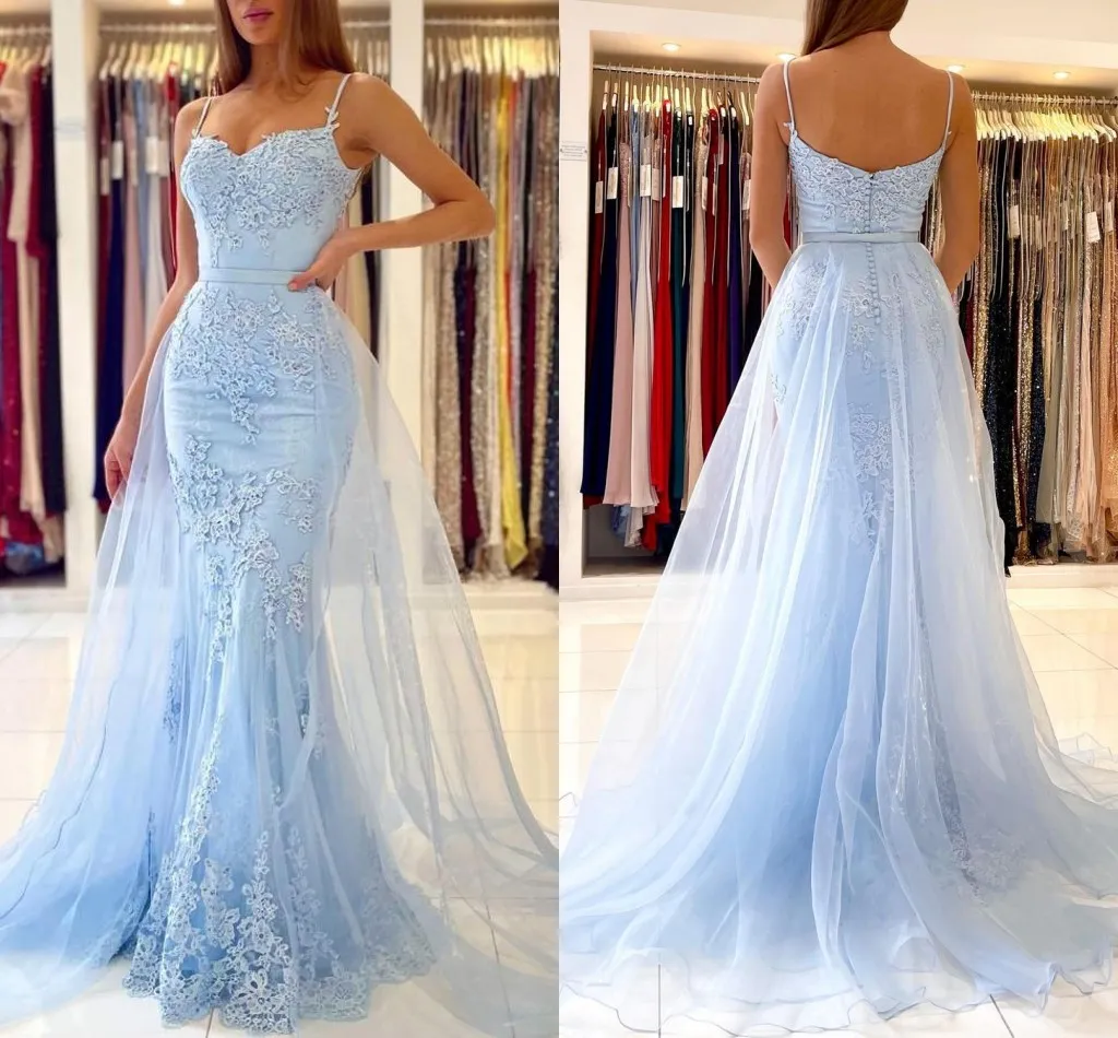 Light Sky Blue Mermaid Prom Dresses Long for Women Black Girls Lace Applique with Detachable Train Formal Dress Evening Party Birthday Gowns Custom Made