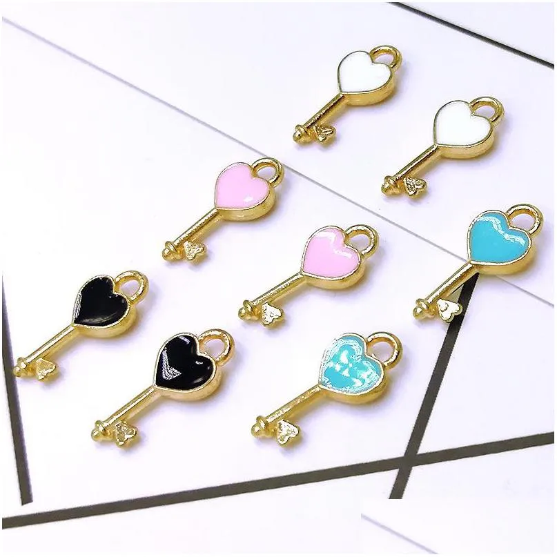 Charms Bk 300Pcs/Lot Enamel Love Heart Key Pendant 7X16Mm Good For Diy Craft Jewelry Making Drop Delivery 202 Dhm6C