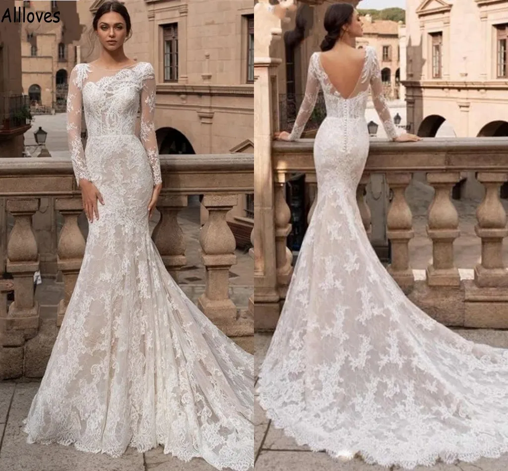 Abiti da sposa a sirena a maniche lunghe a tromba per la sposa Collo trasparente aperto sul retro Abiti da sposa sexy Paese Boho Treno lungo Slim e Flare Abiti da sposa Plus Size CL1834