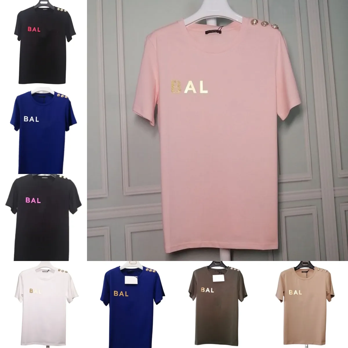 chemise Womens Pink Wear Mens T-shirt Bal Summer Summer Letter Gilded Button Conception de bouton de lux