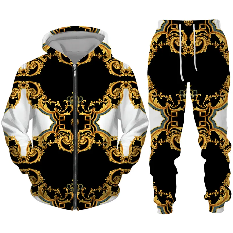 Traccetti da uomo Modello d'oro di lusso Golden Stampa 3D con cappuccio con cerniera/tuta da pista set da corona barocca Crown vintage Vintage Street Wear Men/Women Abbigliamento 230213