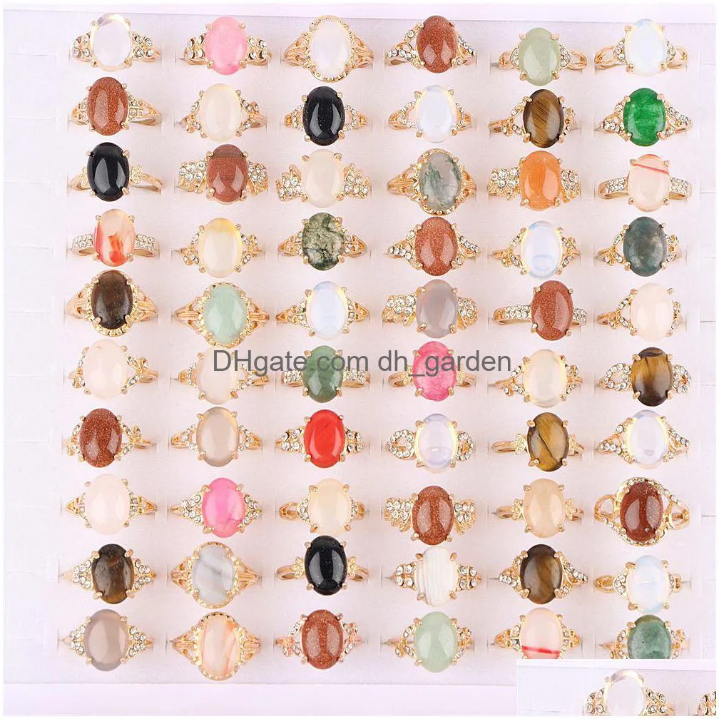 Cluster Rings Fashion Colorf Agate Tigereye Natural Stone Jewelry For Women Men Gold Sier Plated Mix Style Party Gifts Whol Dhog7