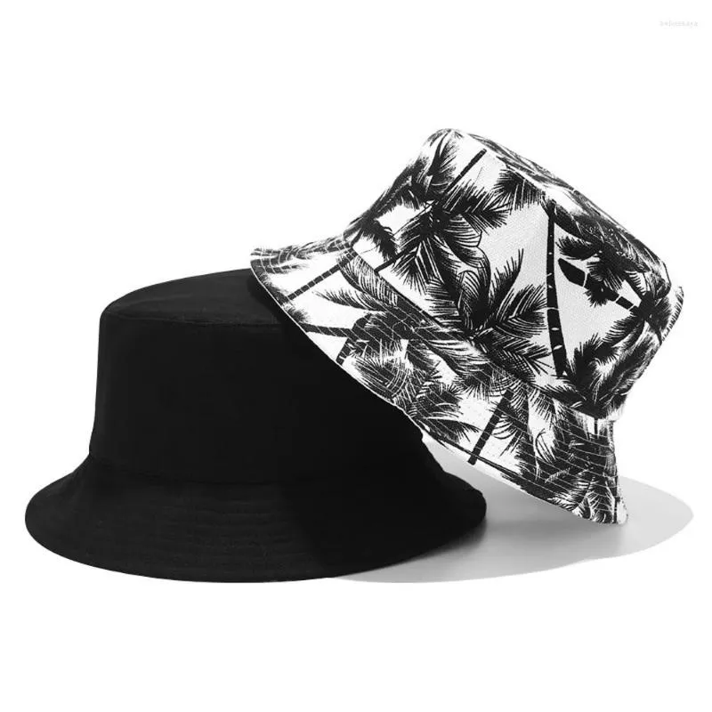 BERETS 2023 unisex mode sommar dubbelsidan bär kokosnöt träd tryckta hink hattar för kvinnor män designer fiskare hatt bob cap