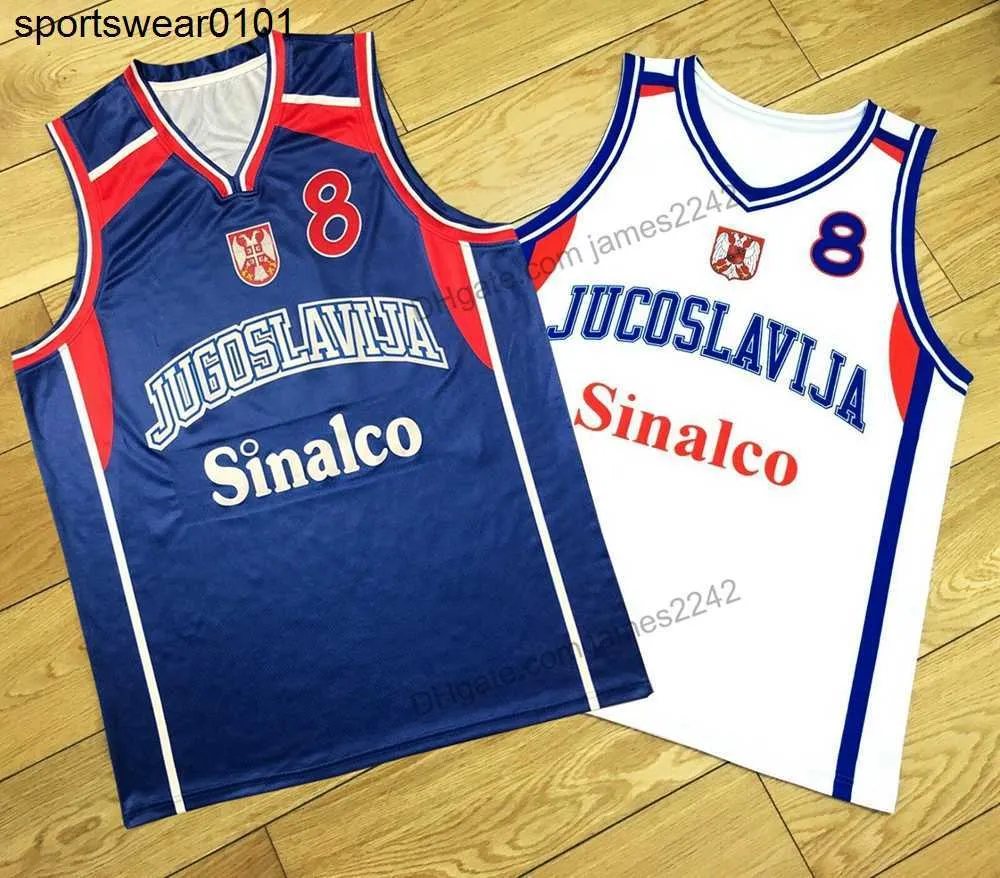 Camiseta de baloncesto de calidad superior personalizada Peja Stojakovic # 8 Serbia Jugoslavija Cualquier nombre Número Tamaño 2XS-3XL Blanco Azul